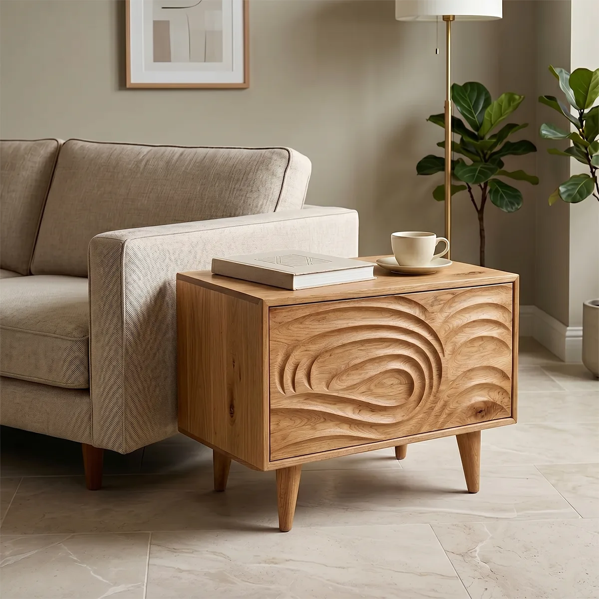 Modern Solid Wood End Table with Storage | Mid Century Nightstand with Carved Drawer TH003-2138