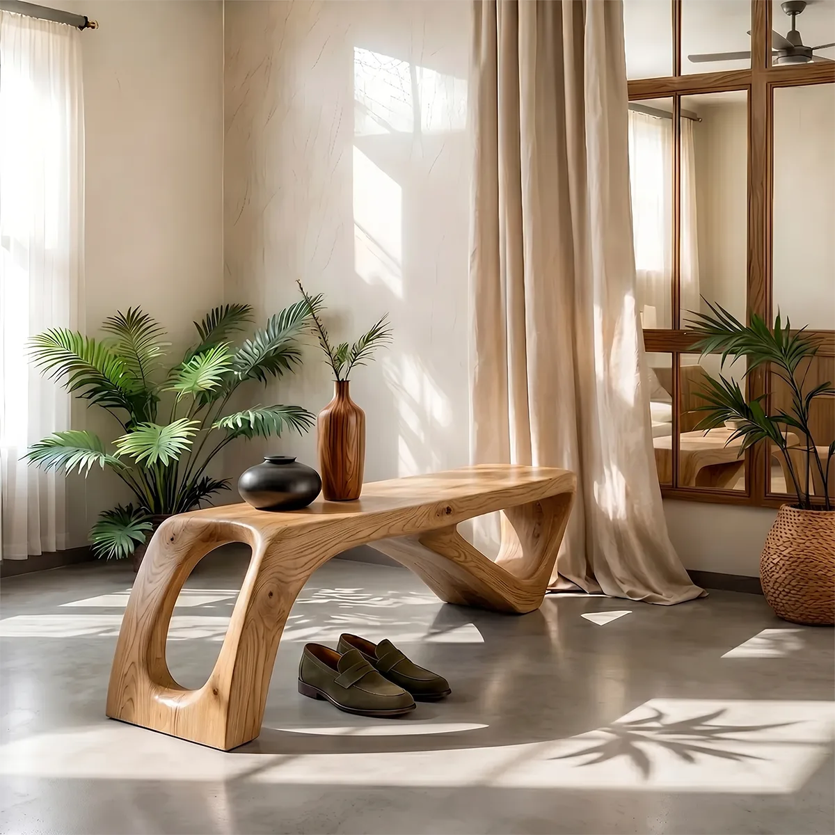 Sculptural Solid Wood Entryway Bench for Organic Modern and Contemporary Interiors