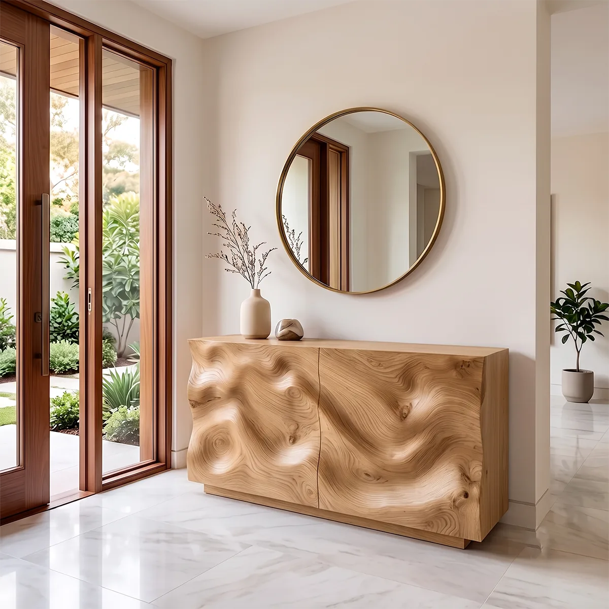 Modern Storage Console Table with Sculptural Wave Doors – Contemporary Entryway Table TH003-6526
