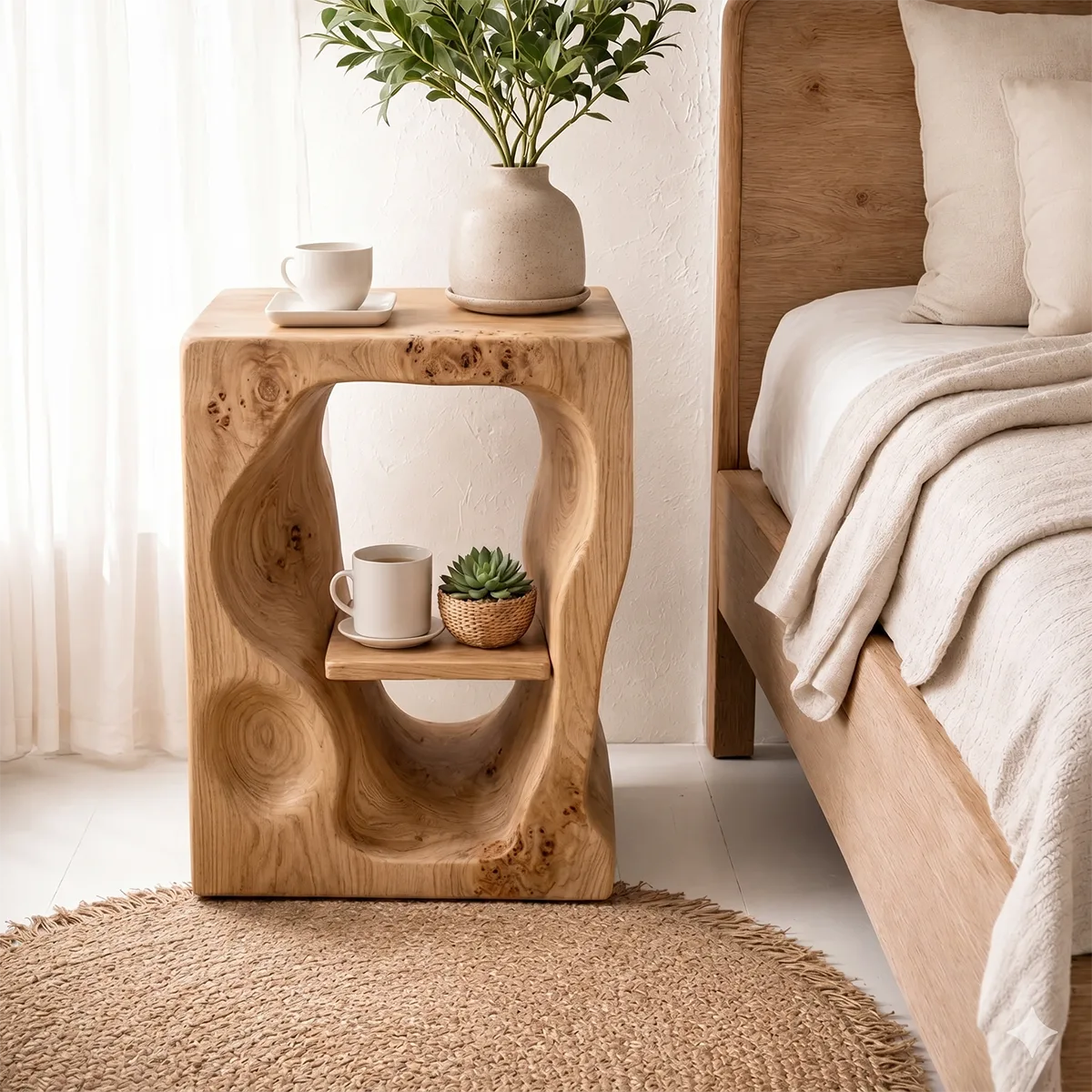 Organic Sculptural Wooden Nightstand with Open Shelf