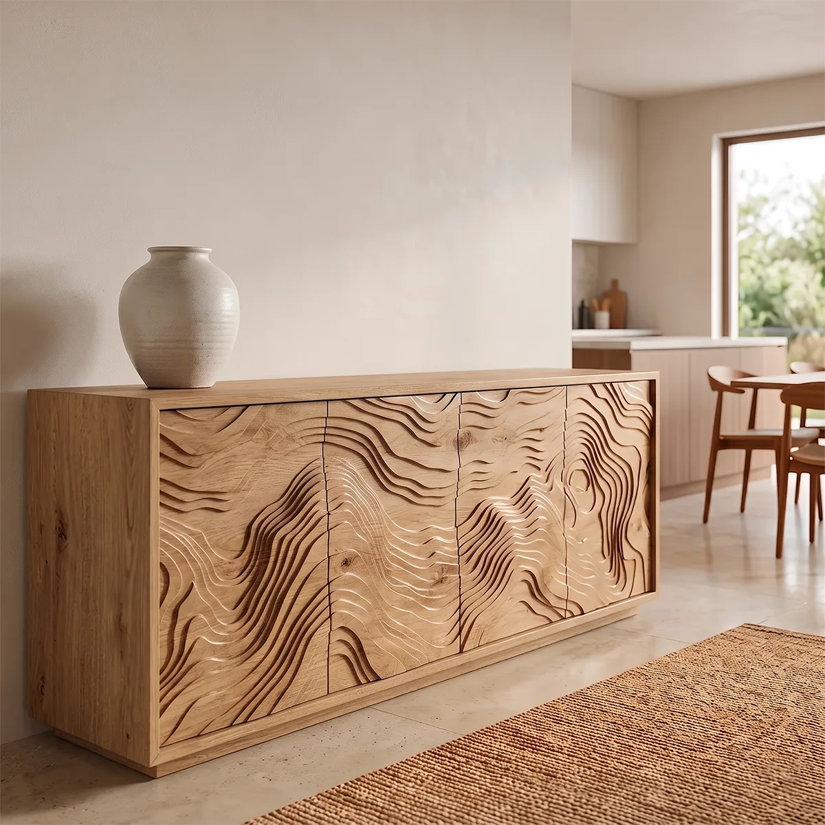 Topographic Carved Solid Wood Sideboard | Organic Modern Buffet Cabinet for Dining & Living Room TH003-9201