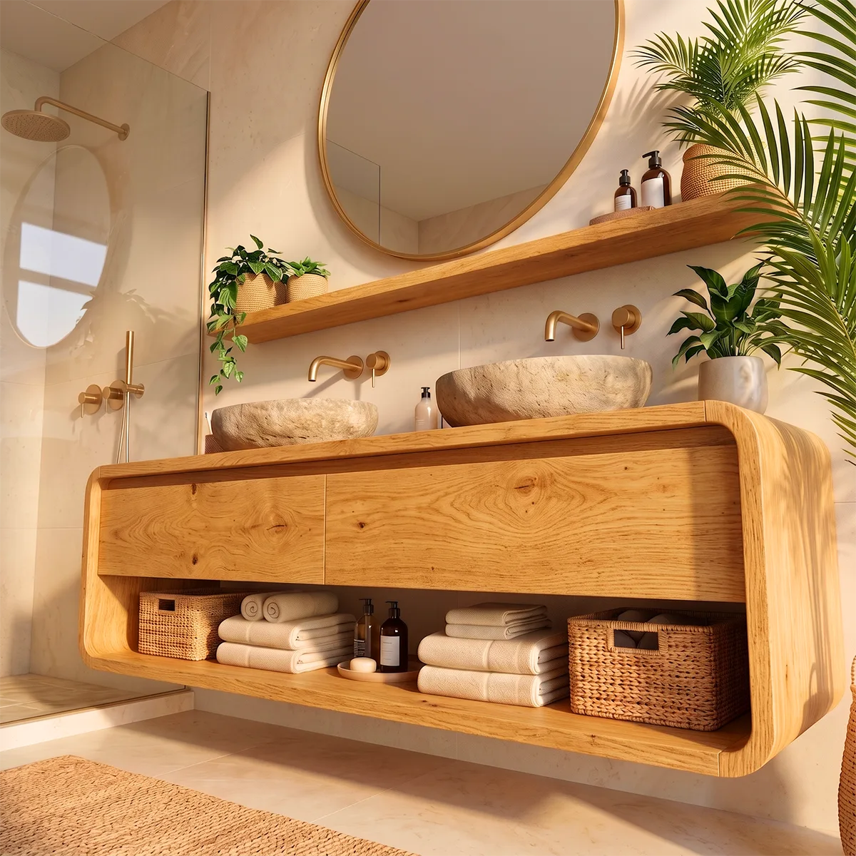 Floating Double Bathroom Vanity with 2 Drawers & Open Shelf | Rounded Organic Modern Design TT006-7NDV5OI