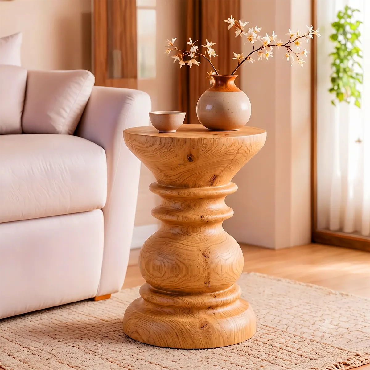 Sculptural Turned Wood Pedestal End Table | Round Accent Side Table TT006-1BIY6KO