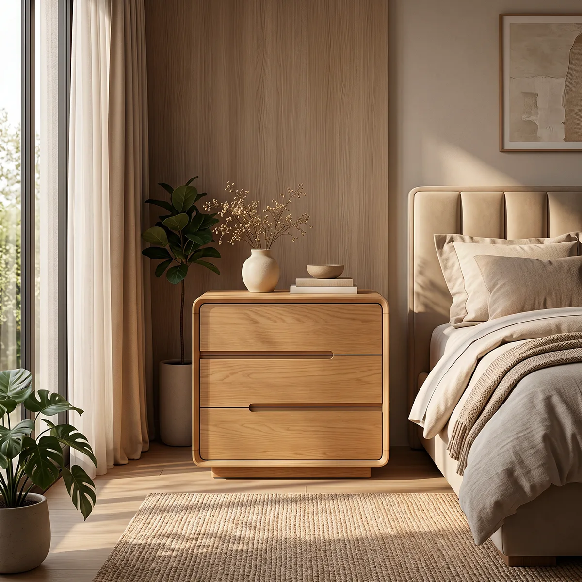 Modern 3-Drawer Nightstand | Rounded Corner Bedside Table with Recessed Handles HG021-1BHP5HK