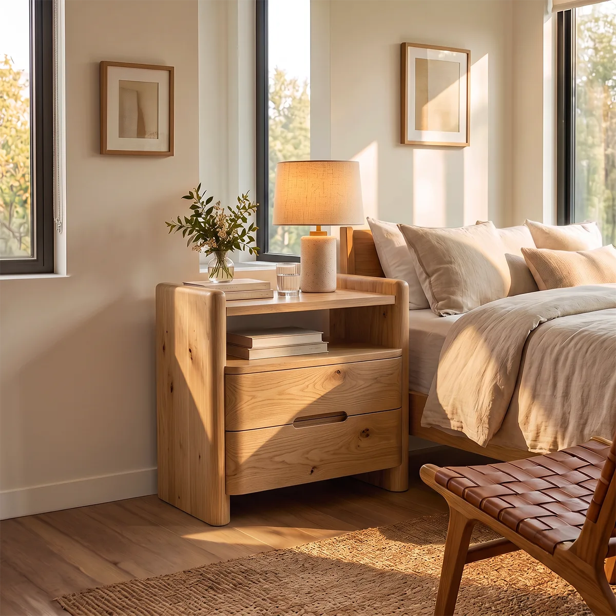 Modern 2-Drawer Nightstand with Open Shelf | Rounded Bedside Table with Recessed Handles HG021-8JCL2CB