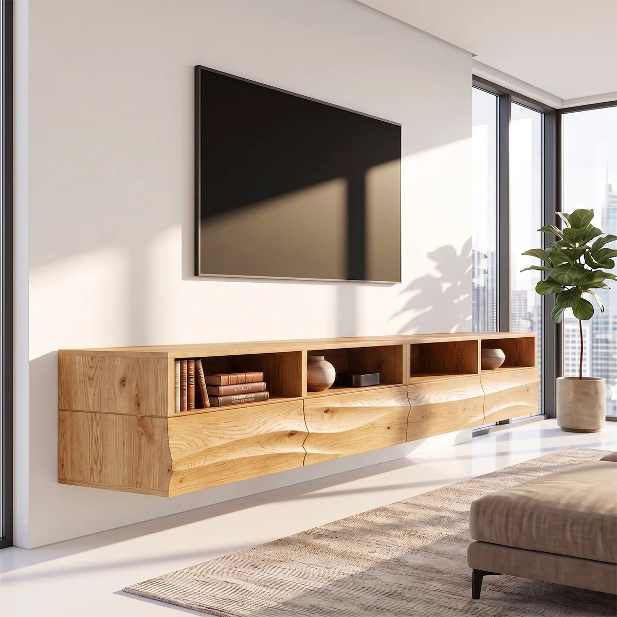 Modern Floating TV Stand with Flowing Wave Front and Open Display Shelves HG021-3RHL3JI