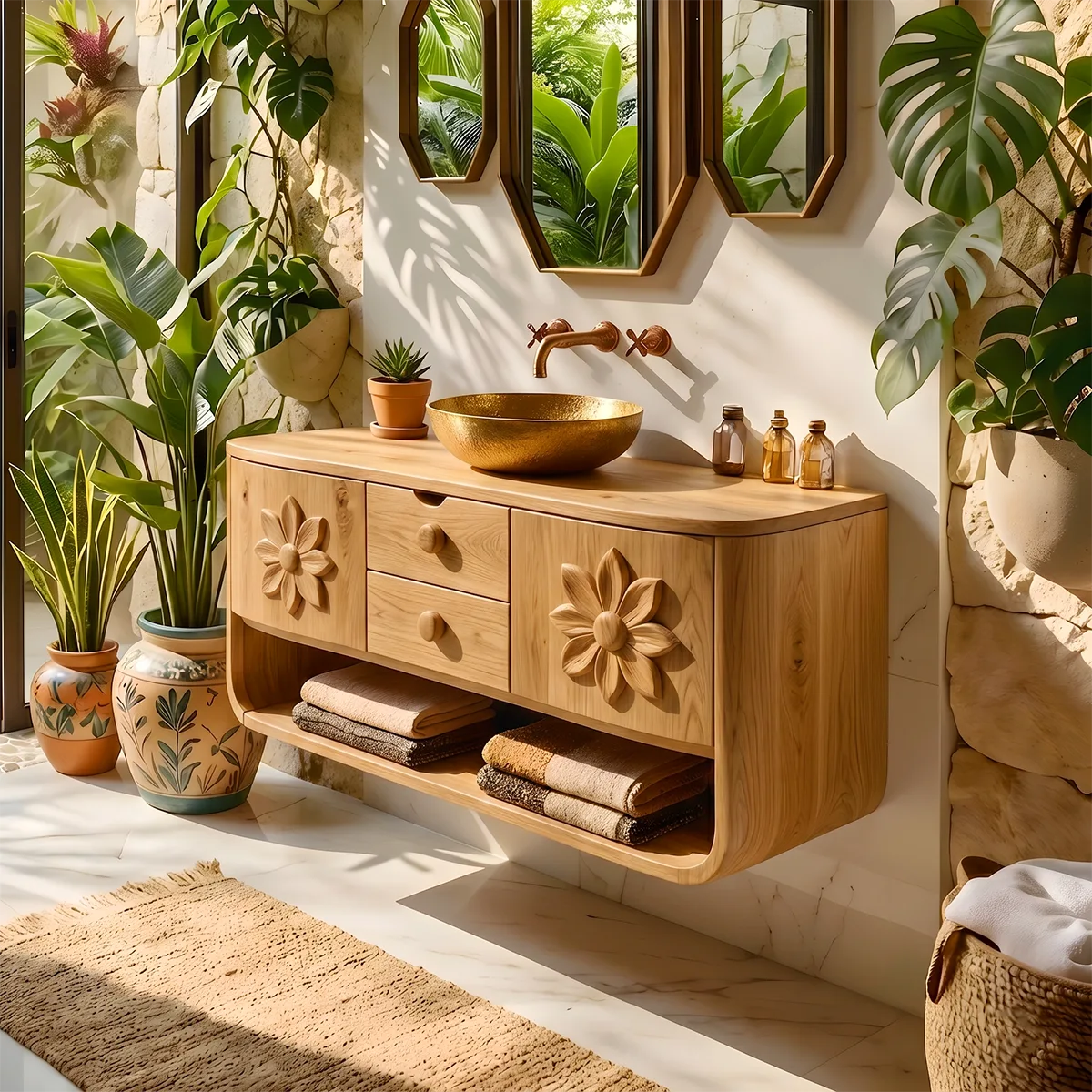 Floating Solid Wood Bathroom Vanity | Floral Carved Wall Mounted Vanity Cabinet with Open Shelf HG021-1071