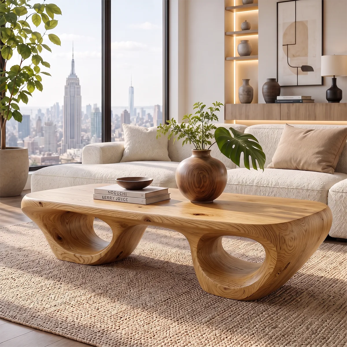 Sculptural Wood Coffee Table with Hollow Loop Base | Organic Modern Rectangular Center Table HG021-2FVS9KF
