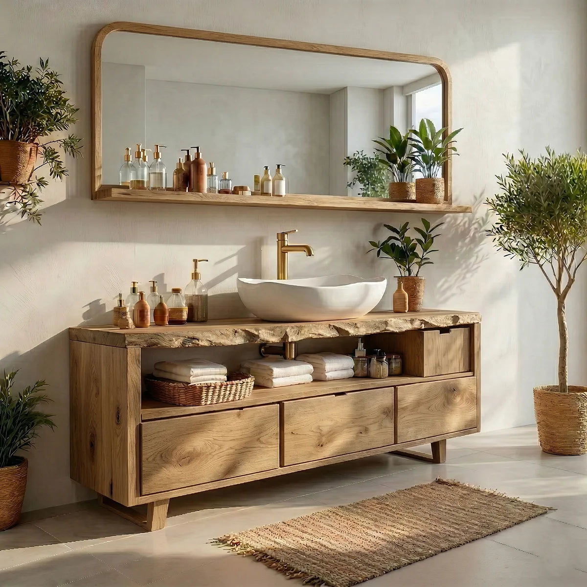 Rustic Natural Solid Wood Bathroom Vanity, Single Sink Wood Vanity with 3 Drawers & Open Shelf