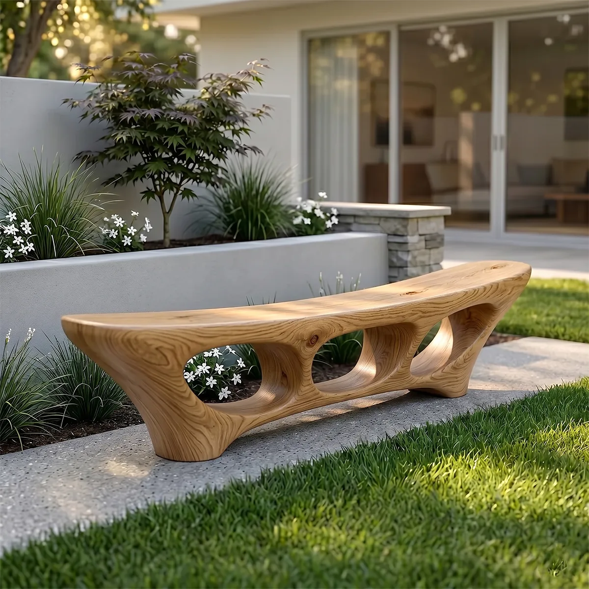 Organic Modern Outdoor Bench, Sculptural Hollow Form Garden Seating TH003-9028