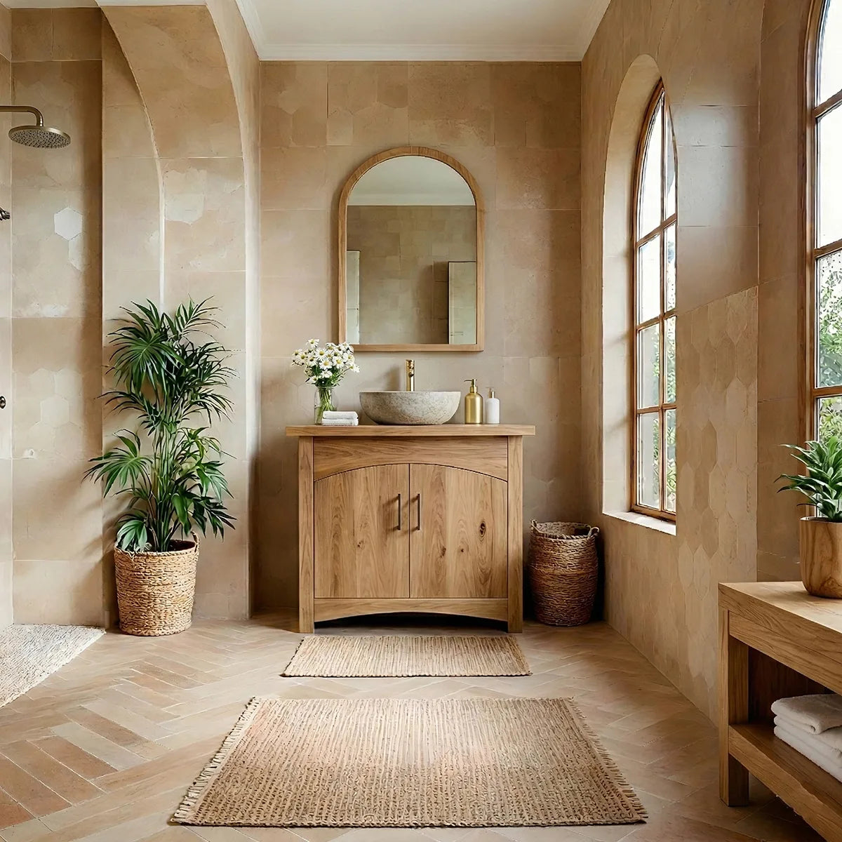 Modern Solid Wood Bathroom Vanity Cabinet with Curved Double Doors