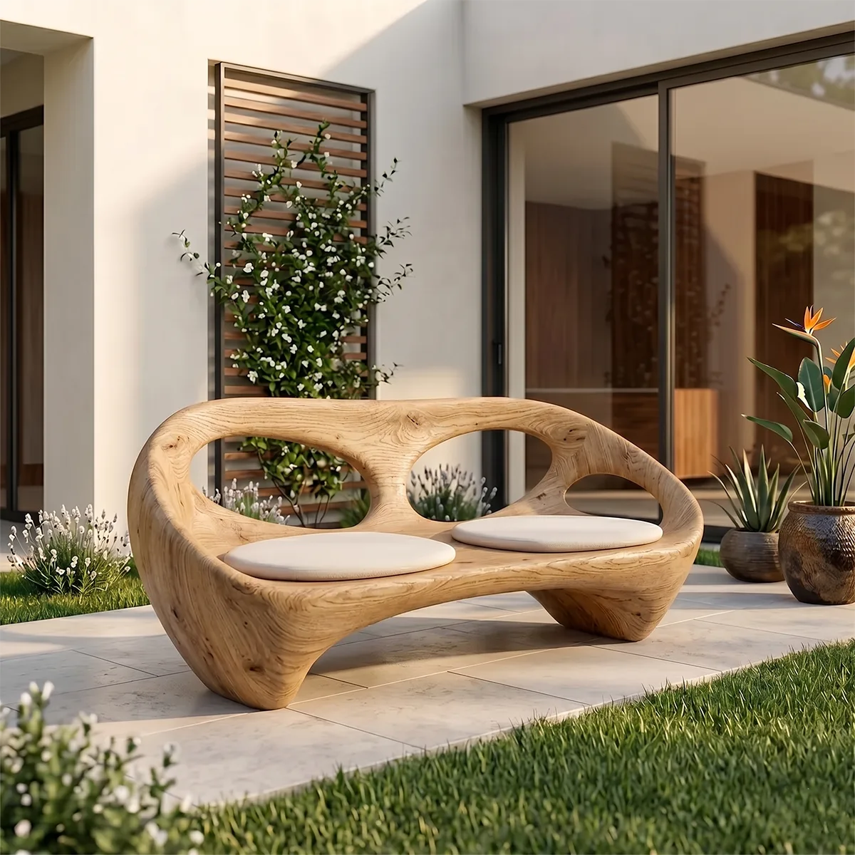 Organic Modern Outdoor Bench, Sculptural Curved Garden Loveseat Seating TH003-1399