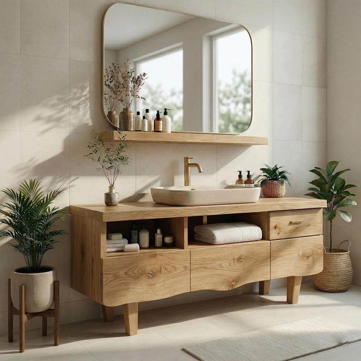 Contemporary Solid Wood Bathroom Vanity with Wave Front and Open Shelf
