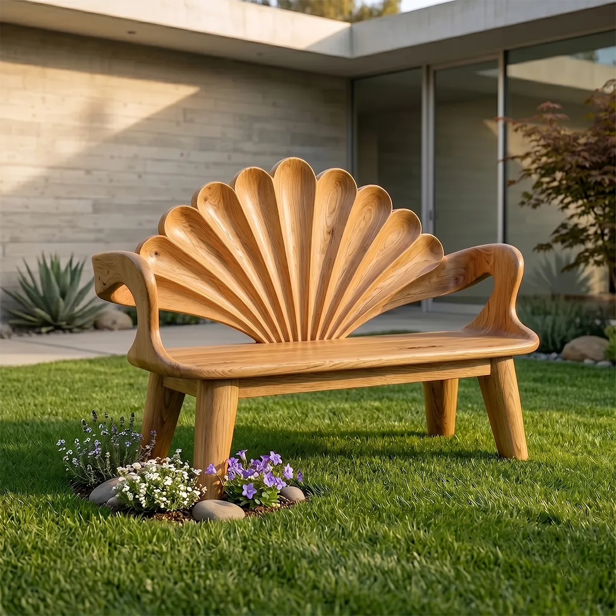 Decorative Fan Back Outdoor Bench with Sculptural Design TH003-3086