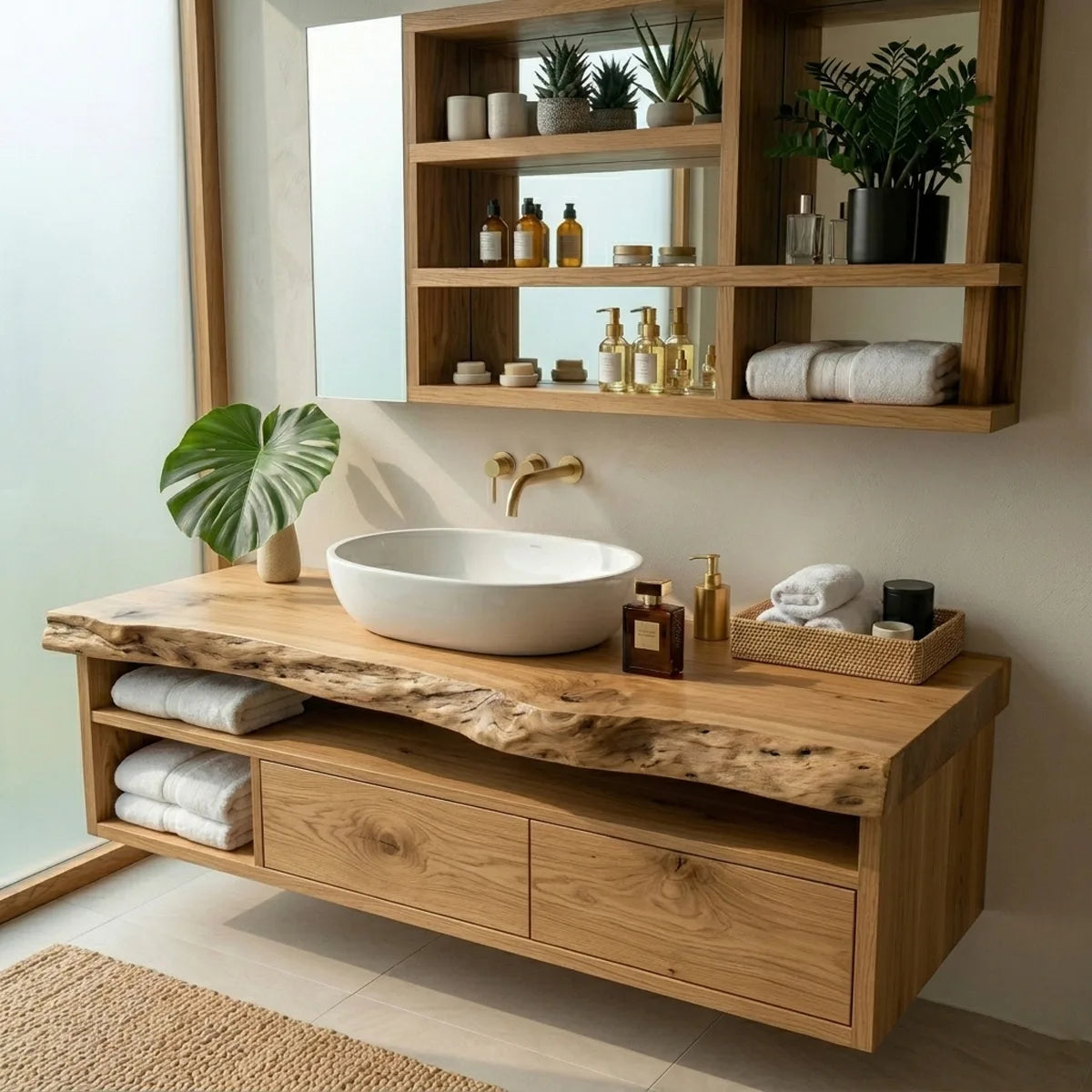 Floating Solid Wood Bathroom Vanity with Live Edge Top and Drawers