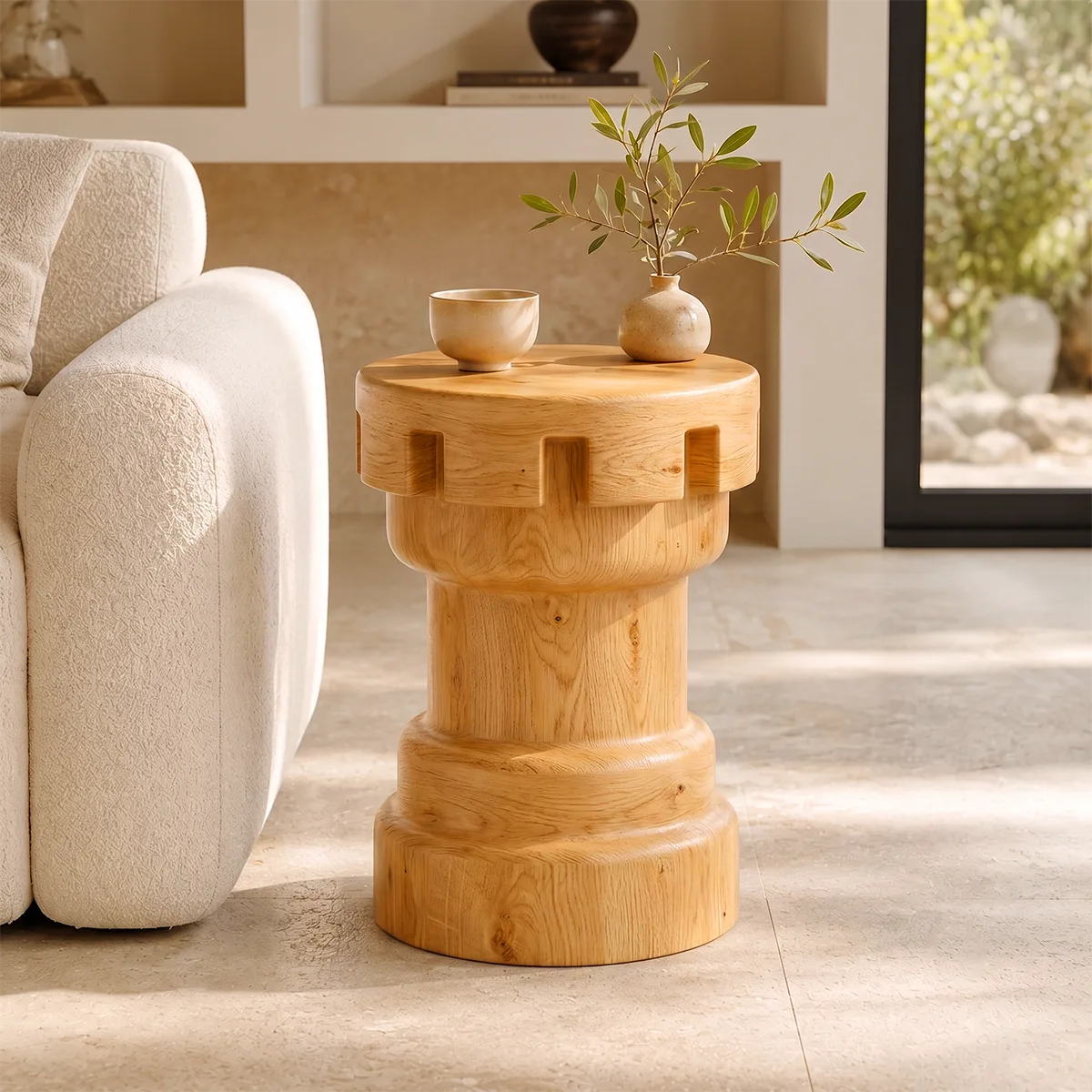 Sculptural Notched Wood End Table | Round Tiered Pedestal Side Table TT006-9MJB5ED