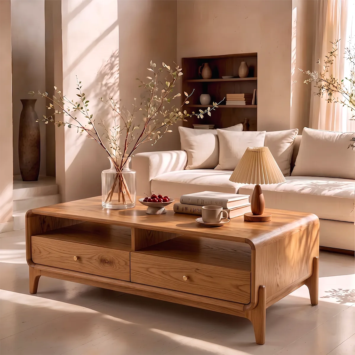 Wood Coffee Table with 2 Drawers & Open Shelves | Mid Century Modern Rectangular Living Room Table HG021-8XOV9MG