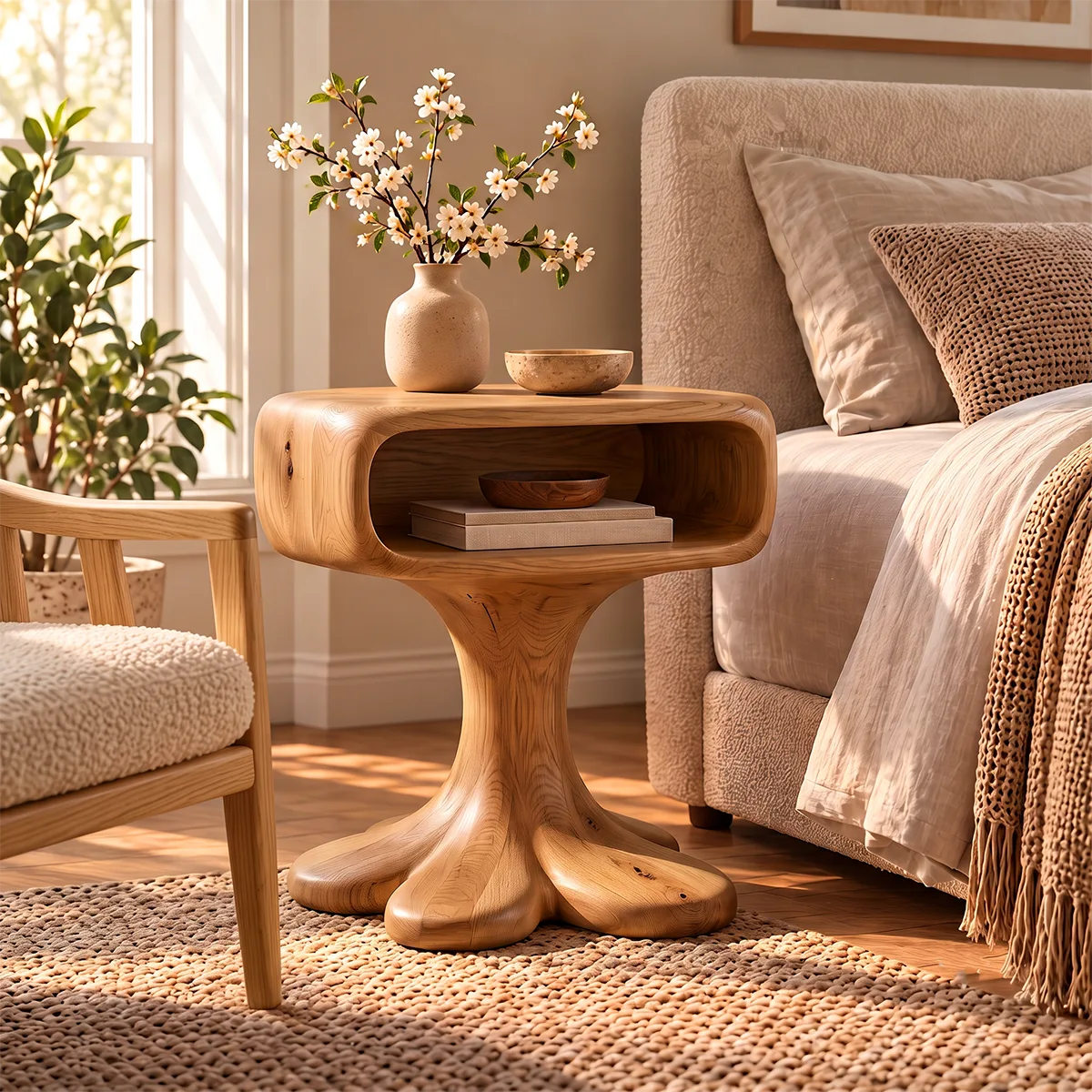 Sculptural Pedestal Nightstand with Open Shelf | Organic Modern Bedside Table HG021-9PAX4MM