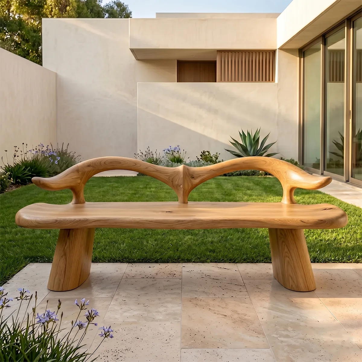 Organic Wave Back Garden Bench, Sculptural Wooden Outdoor Seating TH003-2770