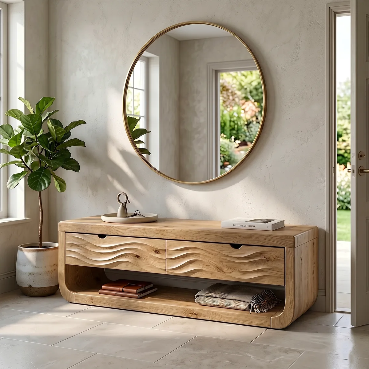 Contemporary Console Bench with Sculpted Wave Drawer Fronts TH003-7011