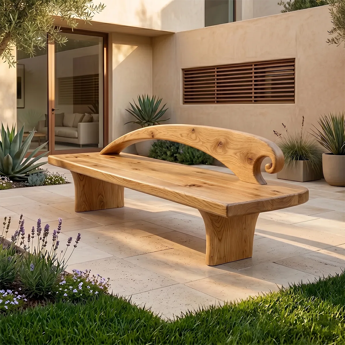 Curved Crest Back Garden Bench, Sculptural Wooden Outdoor Seating TH003-2509
