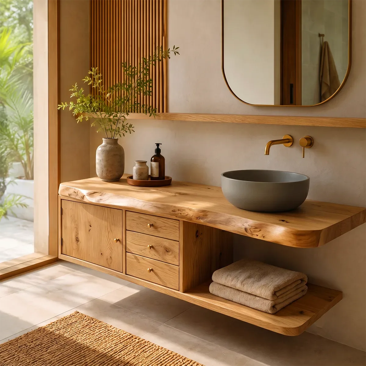 Floating Bathroom Vanity with 3 Drawers & Open Shelf | Modern Organic Design TT006-1XDO9BG
