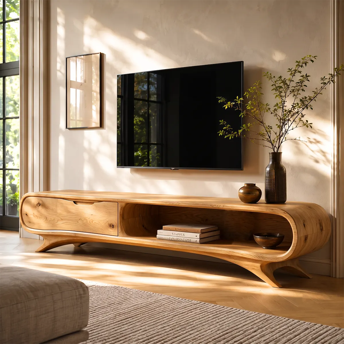 Modern Curved TV Stand with Large Drawer & Open Storage | Sculptural Media Console TT006-3JHB2OI