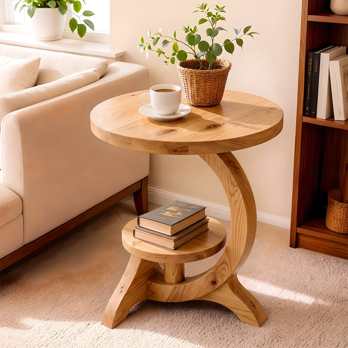 Modern Round End Table with Display Shelf | Sculptural Accent Side Table for Living Room HG021-6ZBM8JM
