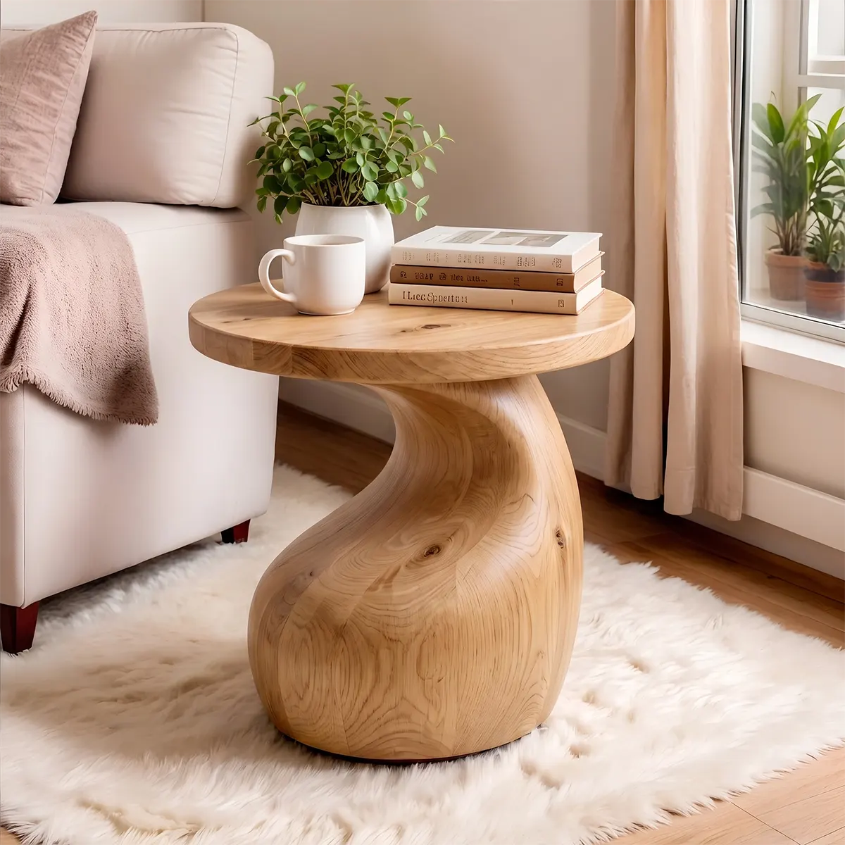 Sculptural S-Curve Wood End Table | Round Organic Pedestal Side Table TT006-2YGL2AE