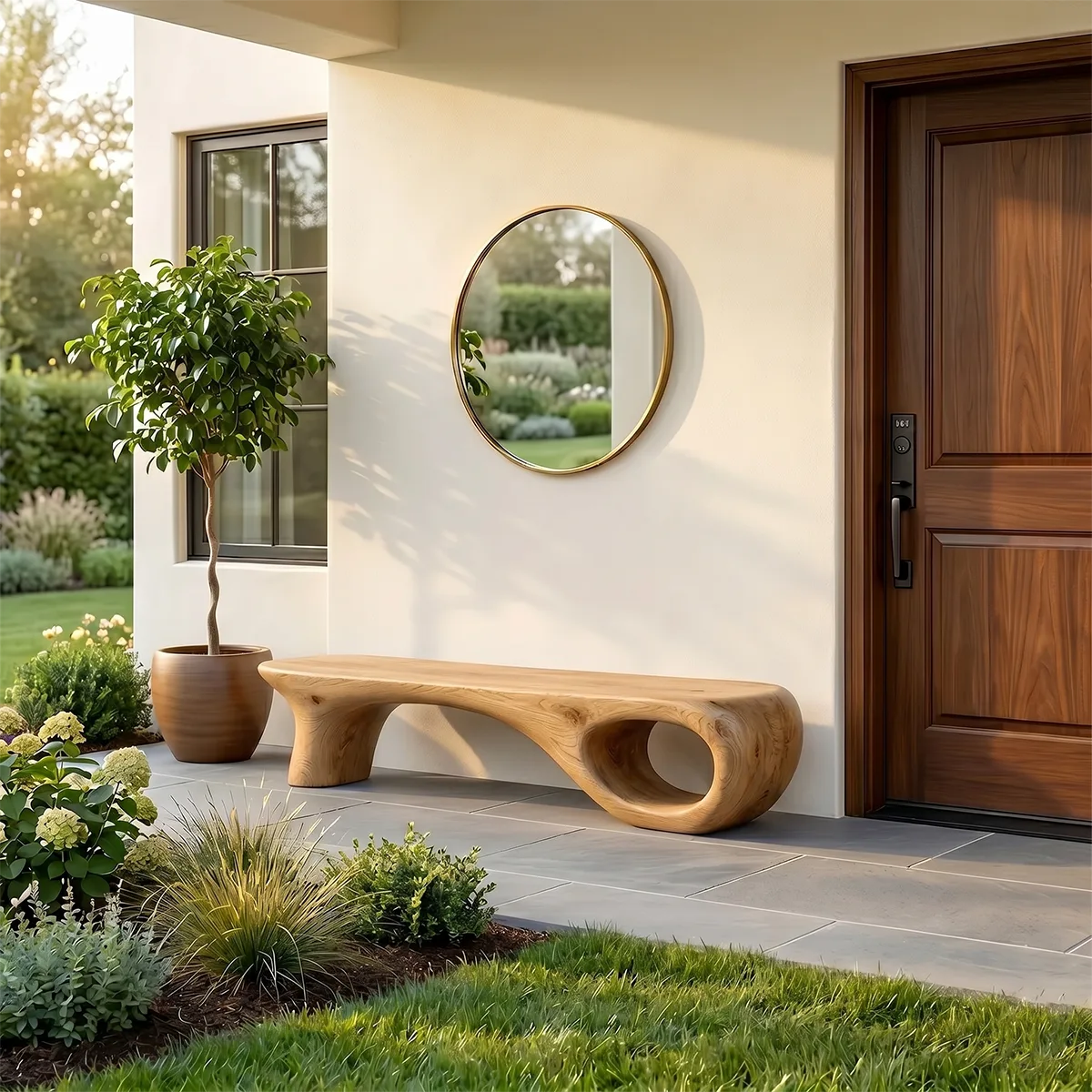 Handcrafted Organic Wood Bench with Sculptural Hollow Base TH003-2154