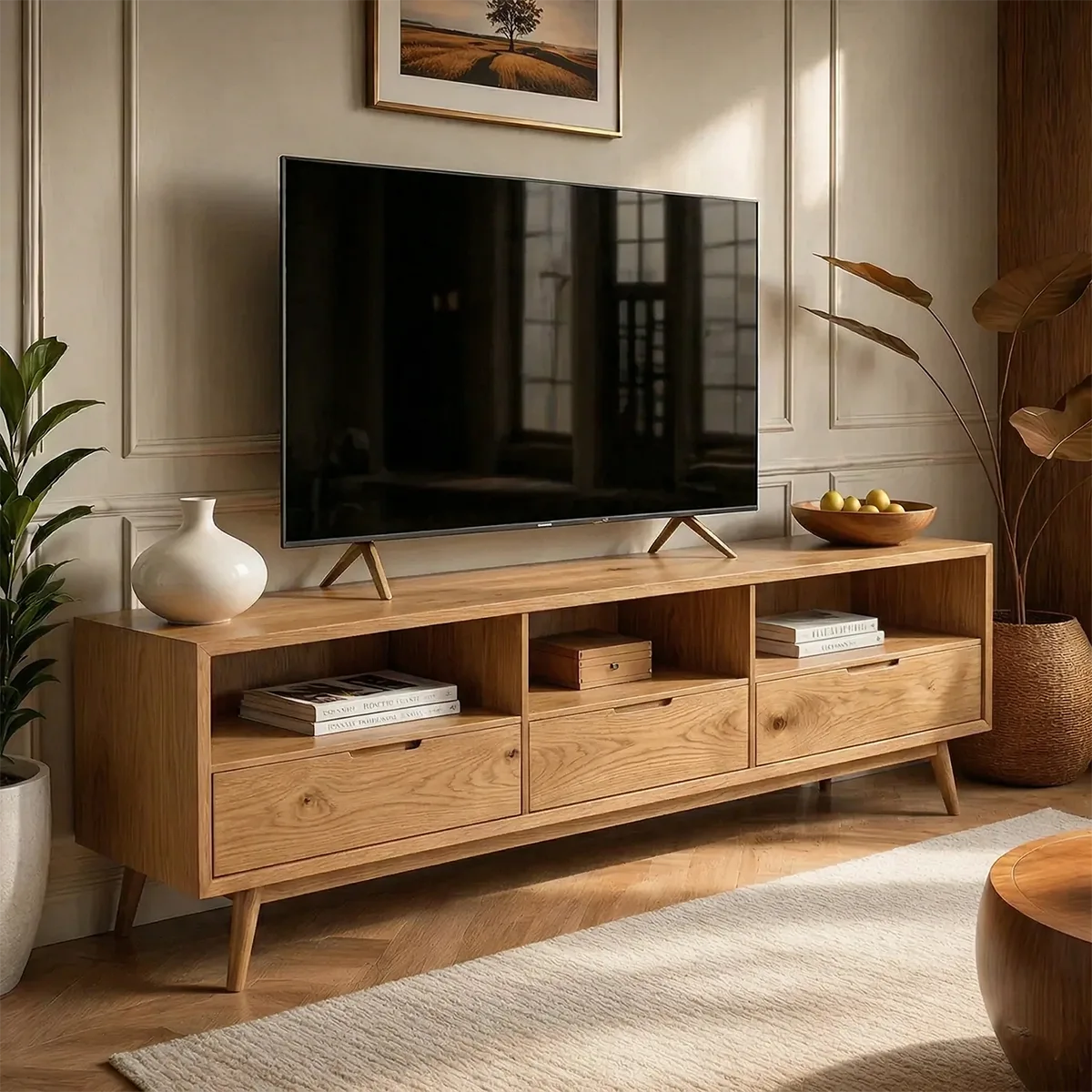 Mid Century TV Stand with Open Shelves and 3 Drawers