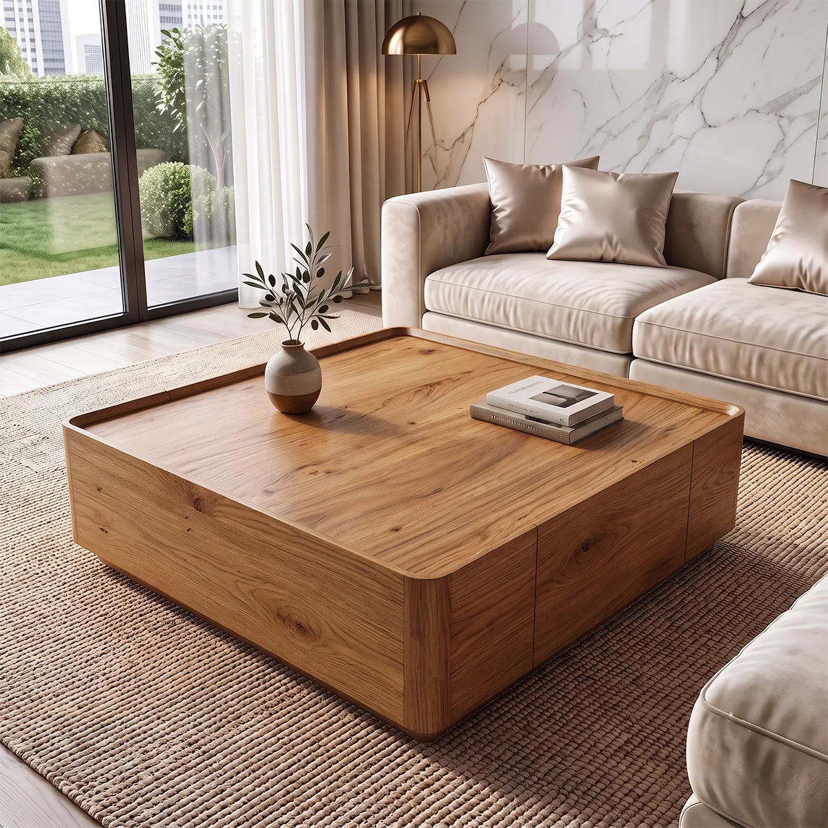 Square Coffee Table with Hidden Storage Drawer | Modern Low Profile Center Table HG021-5UQU1VD