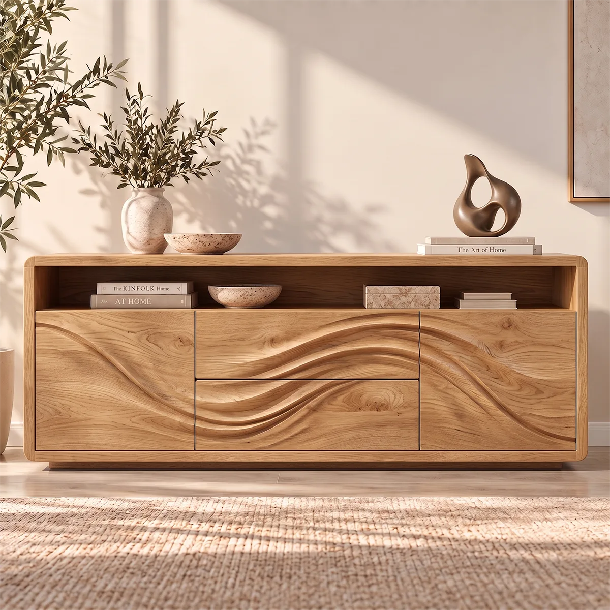 Sculptural Wave Sideboard with 2 Drawers, 2 Cabinets and Open Shelf | Modern Storage Cabinet HG021-9WUN9IL