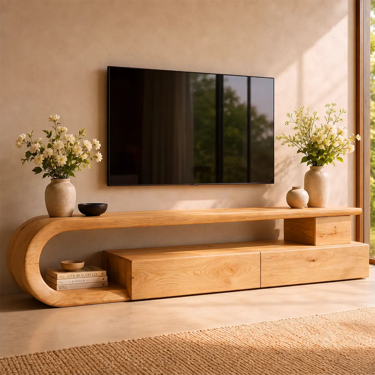 Sculptural Curved TV Stand with 3 Drawers & Open Shelving | Modern Low Profile Media Console TT006-6ELT4UJ