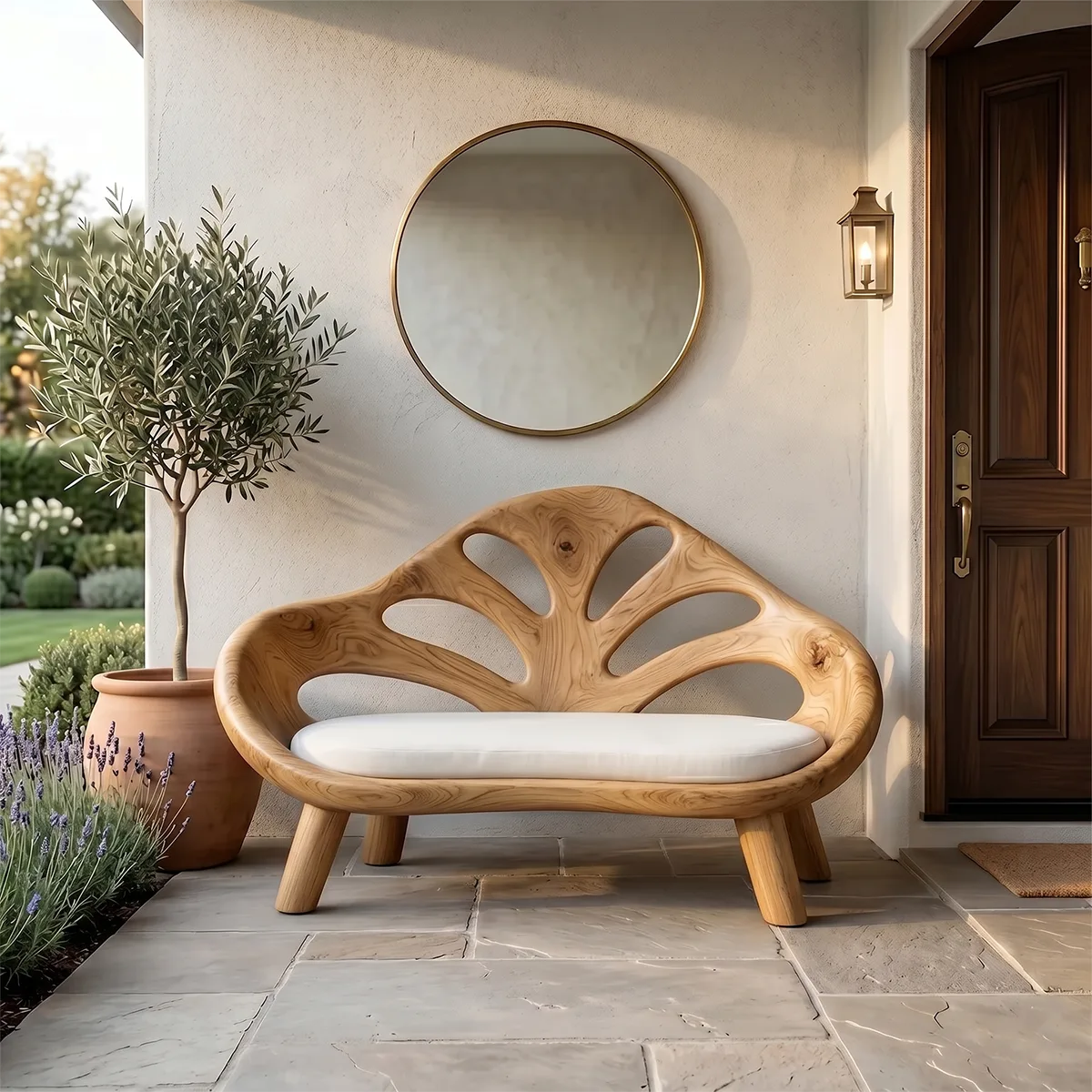 Organic Sculptural Wooden Bench with Artistic Openwork Backrest TH003-5206