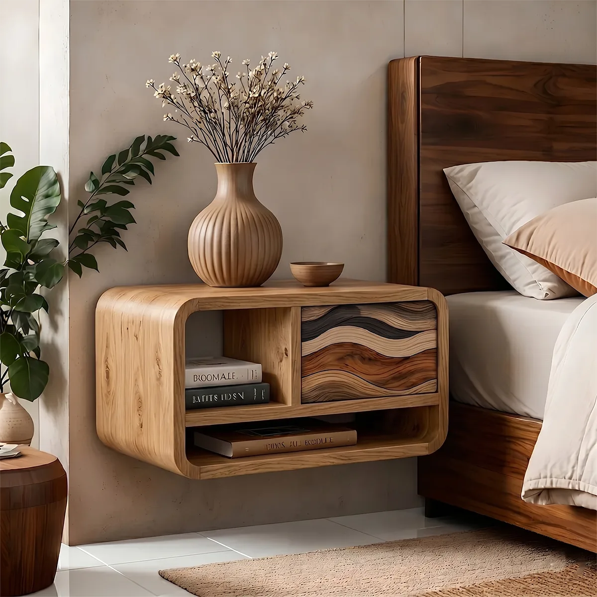 Floating Nightstand | Modern Curved Wall Mounted Bedside Table TH003-1336