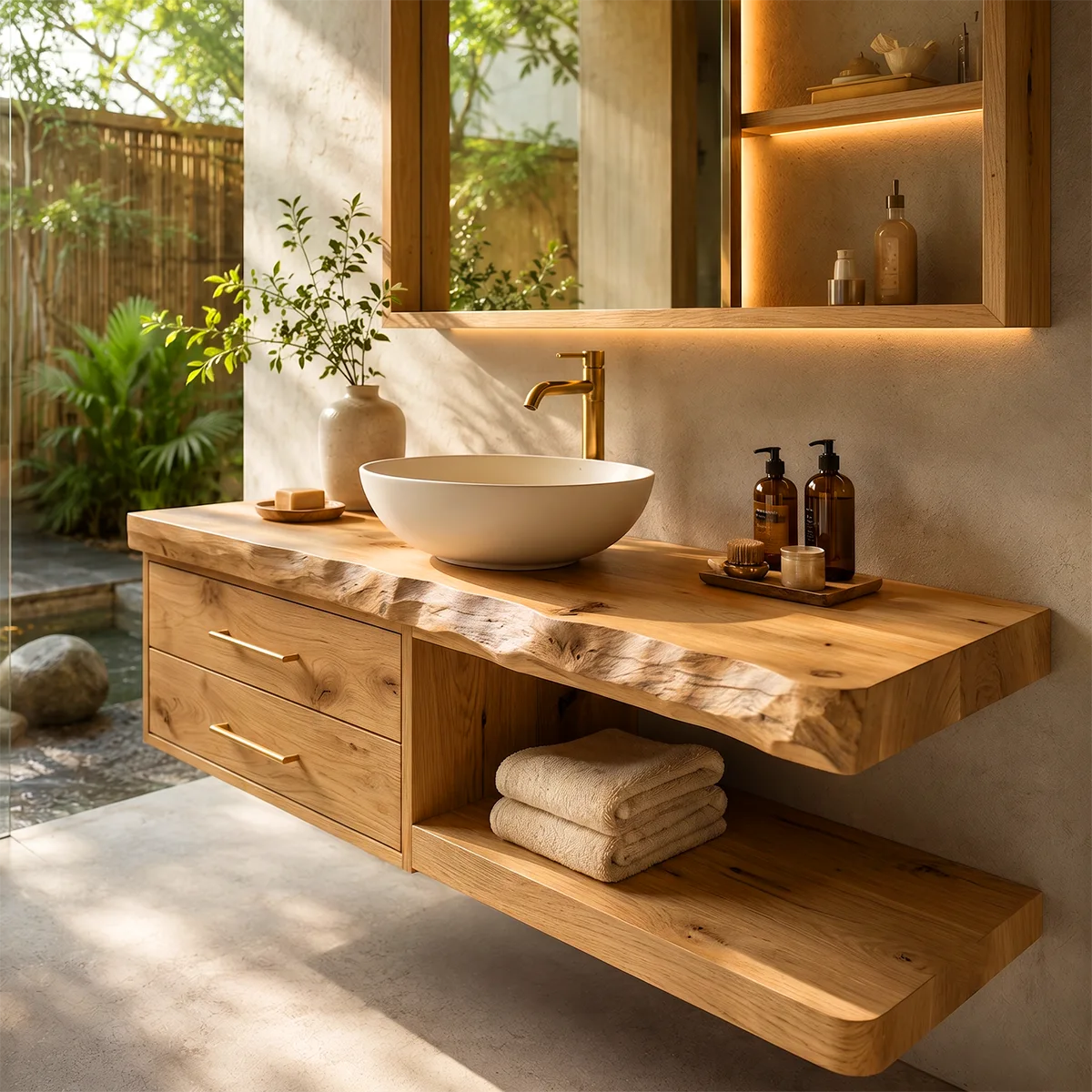 Floating Bathroom Vanity with 2 Drawers & Open Shelf | Organic Edge Modern Vanity TT006-9GFF3VU