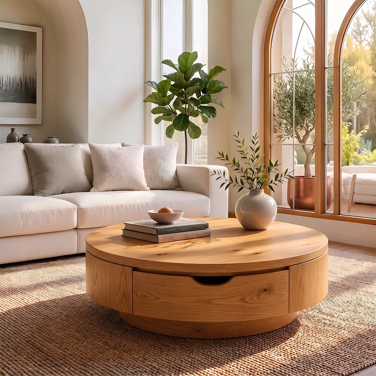 Round Coffee Table with Storage Drawer | Modern Low Profile Center Table HG021-2SOJ4AX