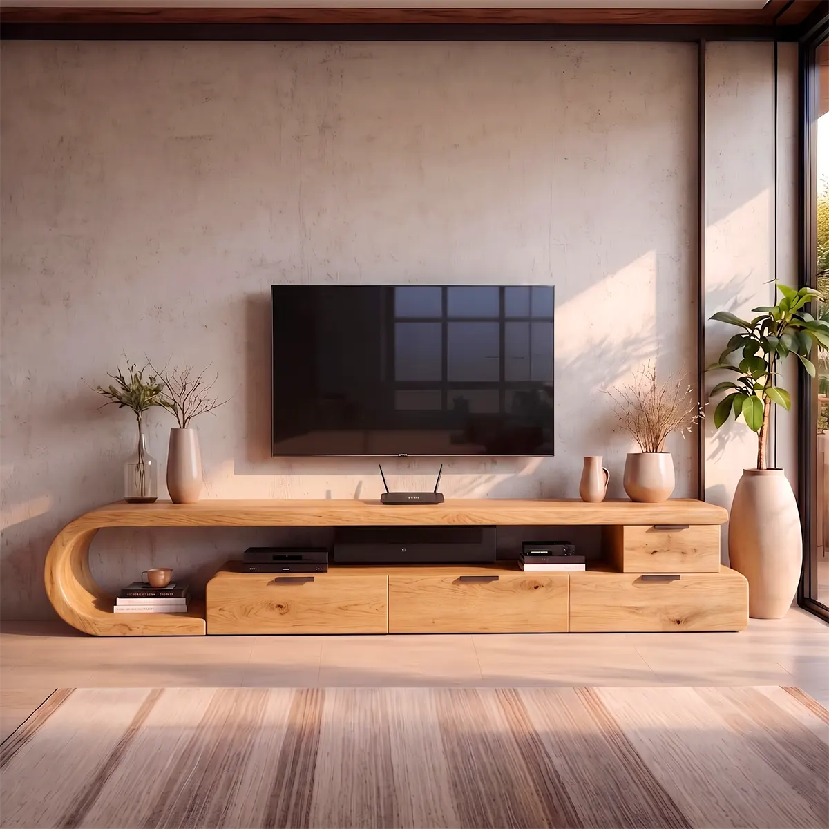 Sculptural Curved TV Stand with 4 Drawers & Open Media Storage | Modern Low Profile Entertainment Console TT006-1HJE1KP