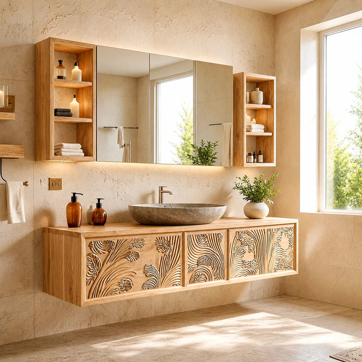 Carved Floating Bathroom Vanity | Modern Decorative Bathroom Cabinet HG021-7739