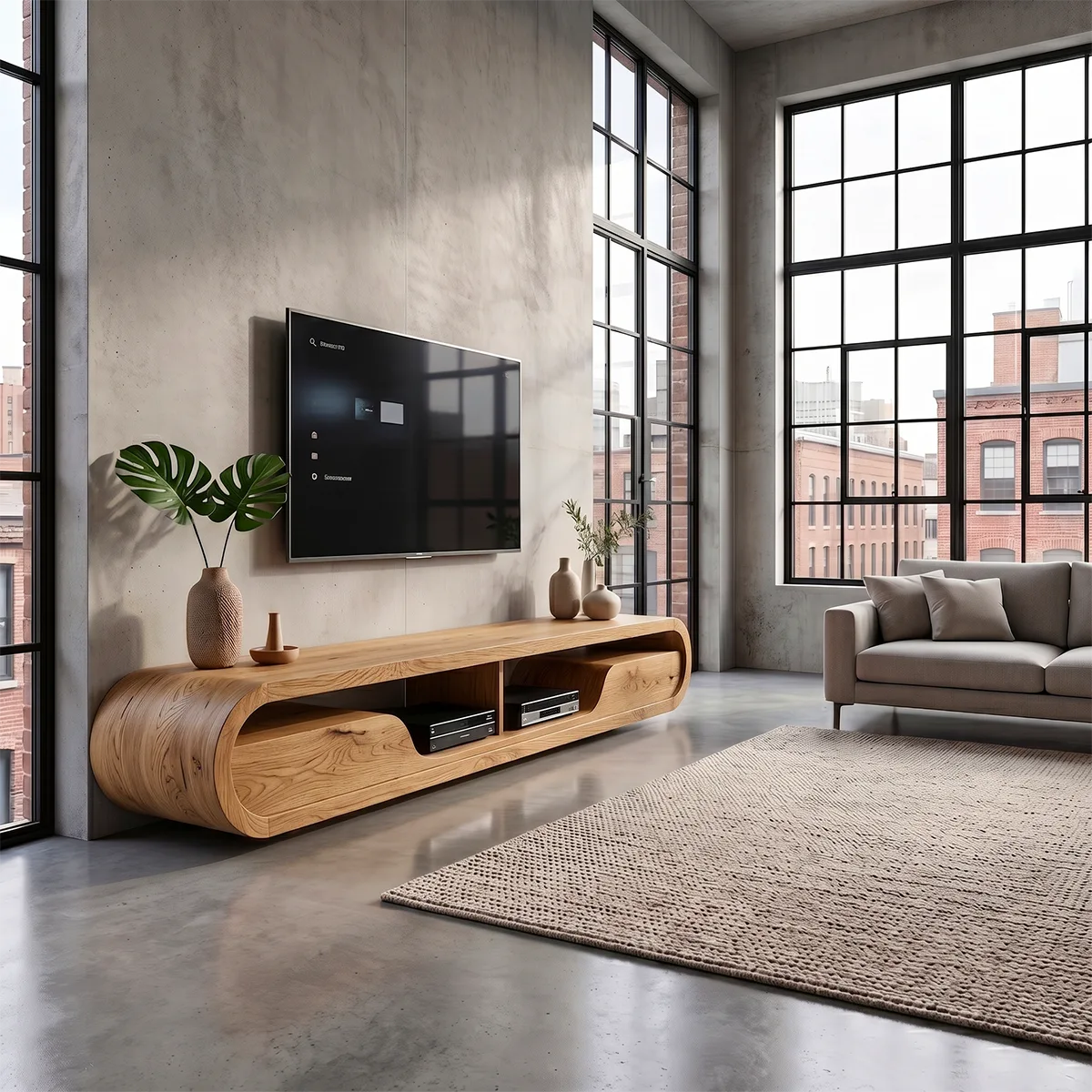 Modern Curved TV Stand with 2 Open Media Compartments | Sculptural Low Profile Console TT006-4KOT9JE