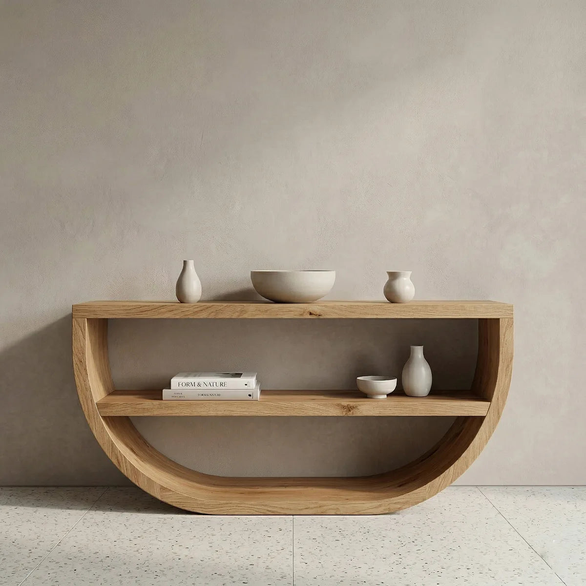 Modern Solid Wood Console Table with Curved Base and Open Shelf