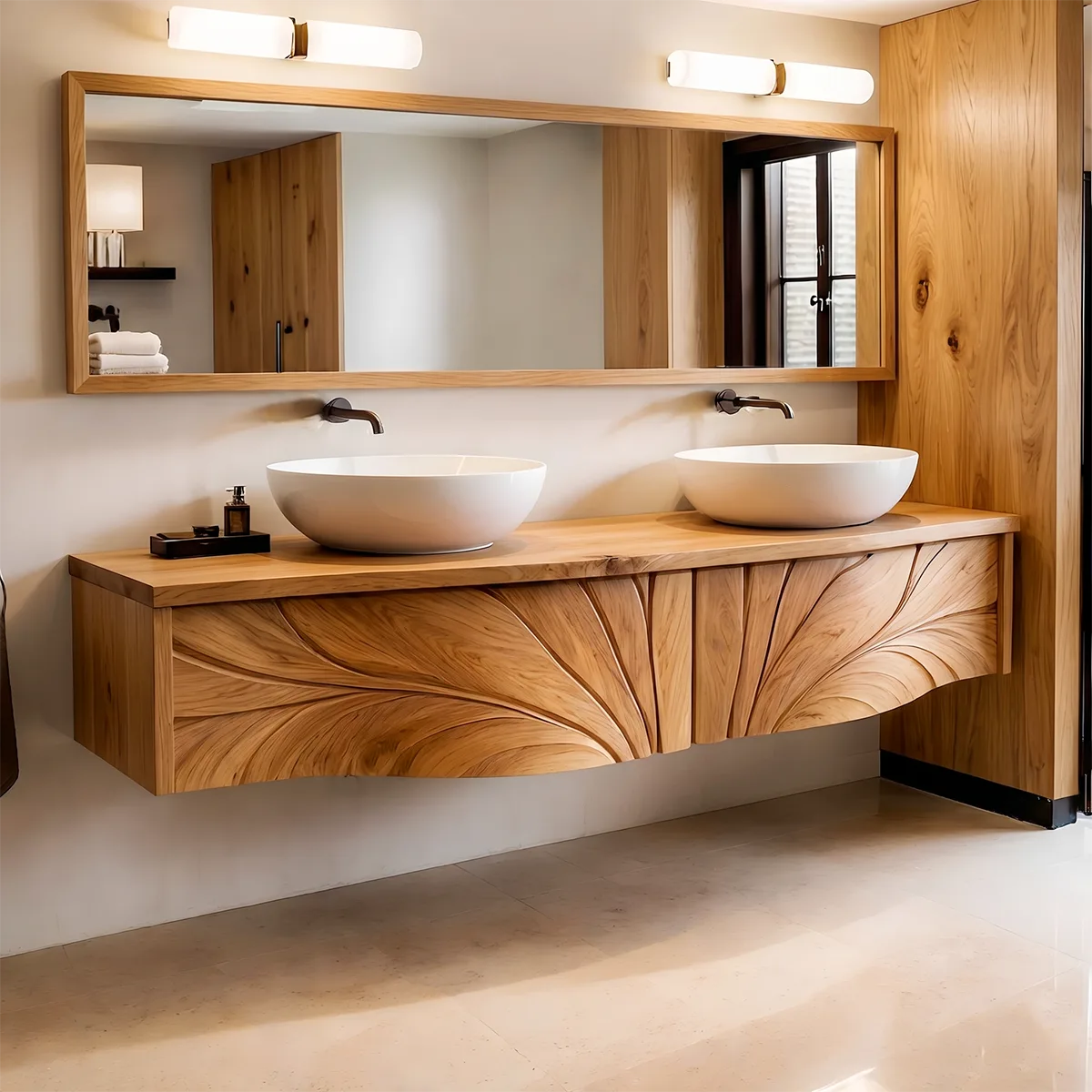 Luxury Double Sink Floating Bathroom Vanity with Sculptural Carved Design HG021-2639