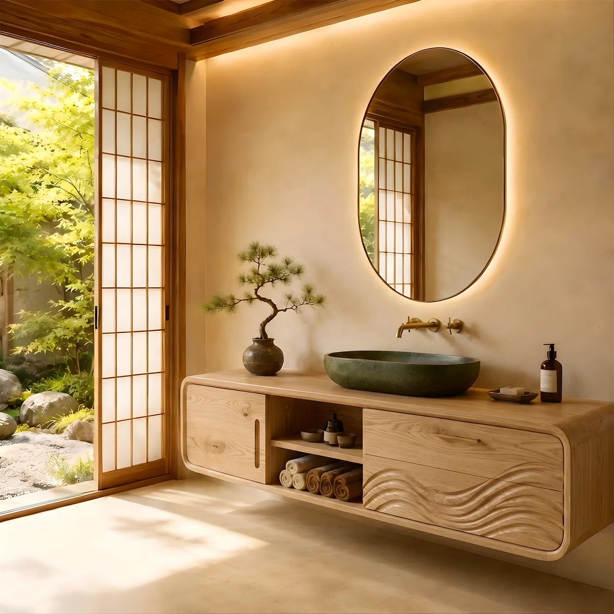 Modern Floating Bathroom Vanity with Sculptural Wave Door Design HG021-2980