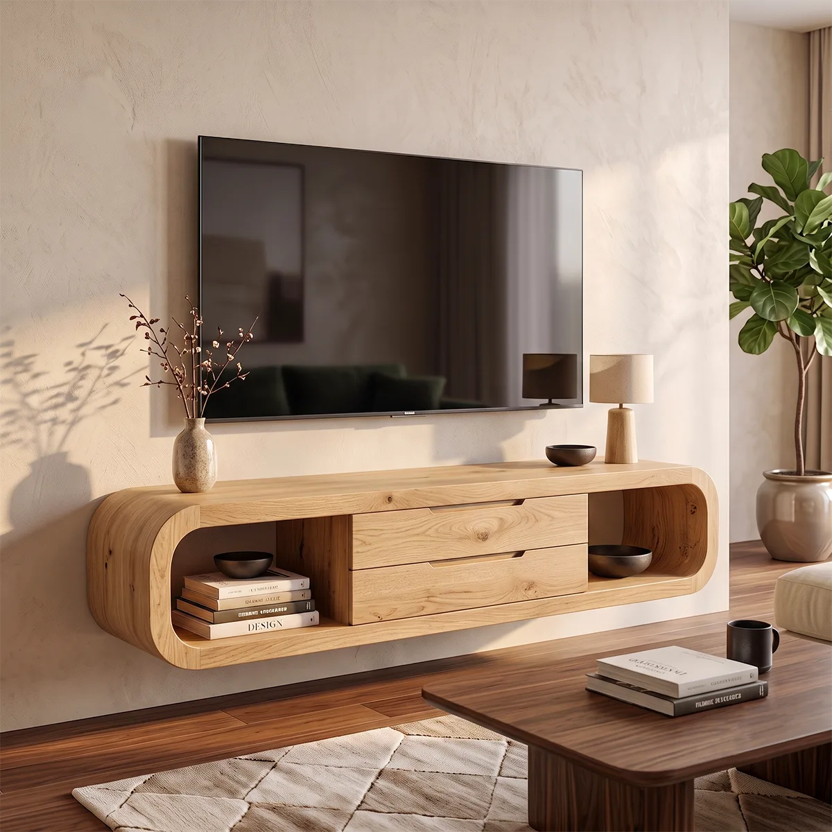 Modern Floating TV Stand | Wall Mounted Media Console with Drawers & Open Storage HG021-1OOU7ST