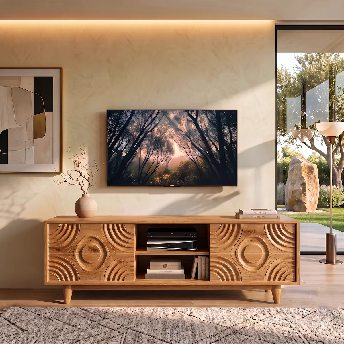 Geometric Carved Wood TV Stand with Drawers & Open Shelves | Modern Media Console HG021-4AVP4BD