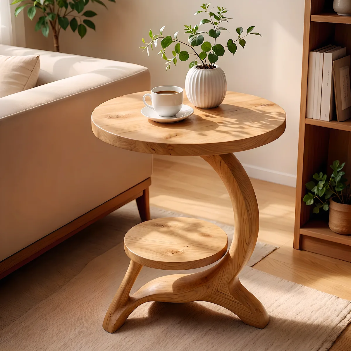 Modern Round End Table with Sculptural Base | Contemporary Accent Side Table with Display Shelf HG021-2HEU5KL