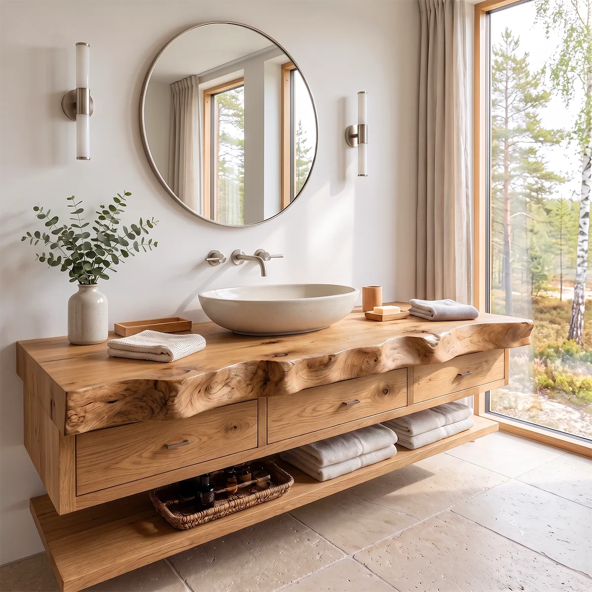 Floating Bathroom Vanity with 3 Drawers & Lower Shelf | Organic Edge Modern Vanity TT006-3IEZ4XF