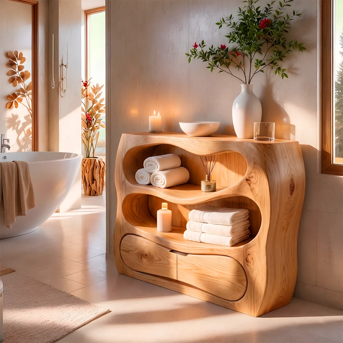Sculptural Wood Bathroom Vanity | Organic Freestanding Vanity with Open Shelves & Storage Cabinet TT006-6NGL3LR
