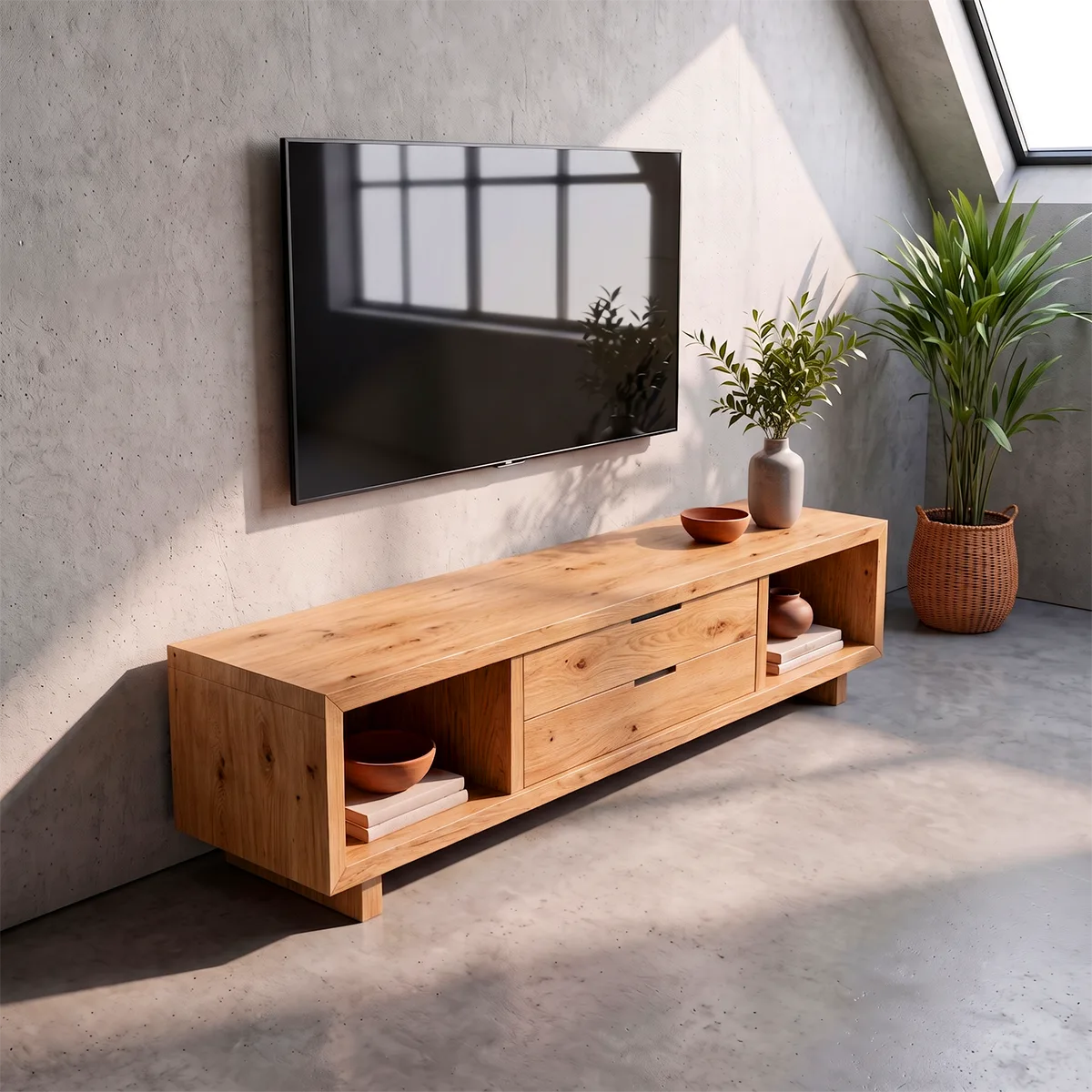 Modern TV Stand with 2 Drawers & 2 Open Storage Compartments | Low Profile Media Console TT006-9TIA4NA